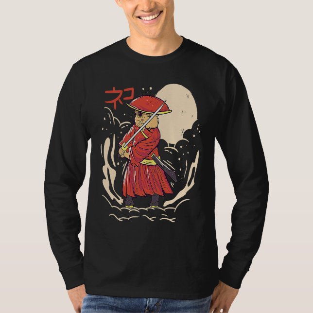 Camiseta Samurai Cat Illustration  Japanese Cute Graphic (Frente)