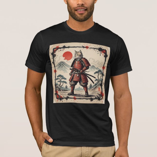 Camiseta Samurai Cat Illustration T-Shirt | Japanese Sunset (Frente)