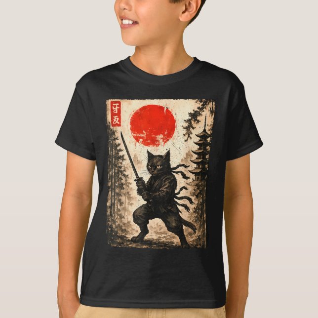 Camiseta Samurai Cat Japanese Mens Boys Kids Graphic Anime  (Frente)