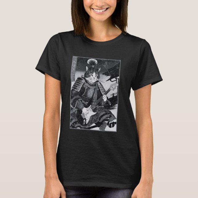 Camiseta Samurai Cat Japonês Tocando Violão Elétrico Ukiyo (Frente)