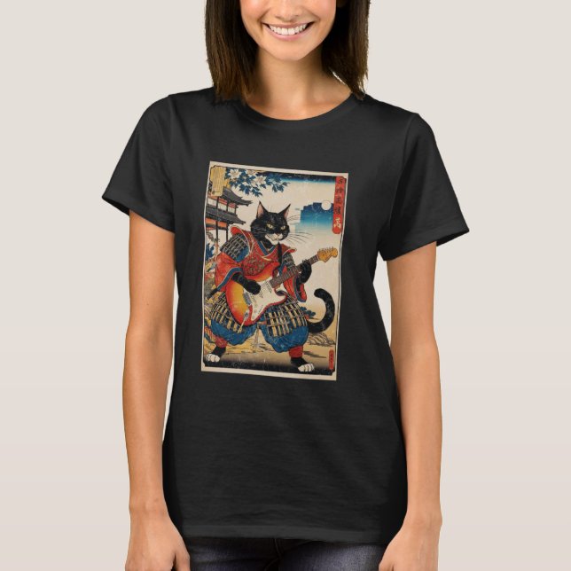 Camiseta Samurai Cat Japonês Tocando Violão Elétrico Ukiyo (Frente)