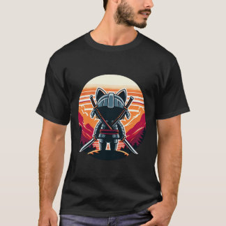 Camiseta Samurai Cat Katanas Assistindo Sunset e Montanhas