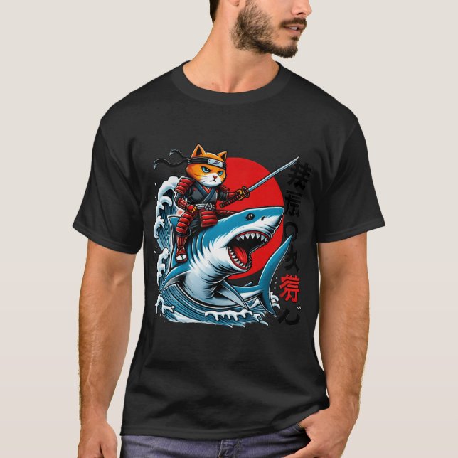 Camiseta Samurai Cat Ninja Japanese Art Cat Shark Kanagawa  (Frente)
