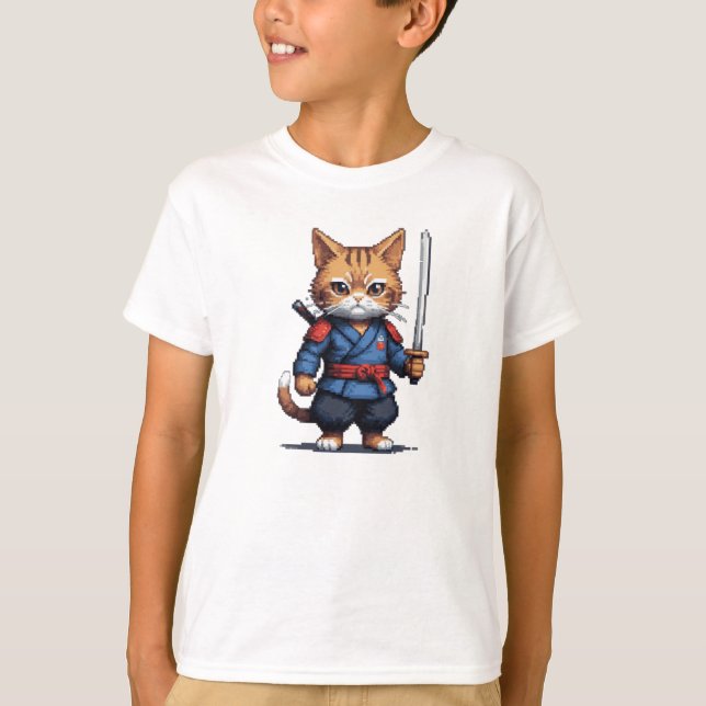 Camiseta Samurai Cat Pixel Art (Frente)