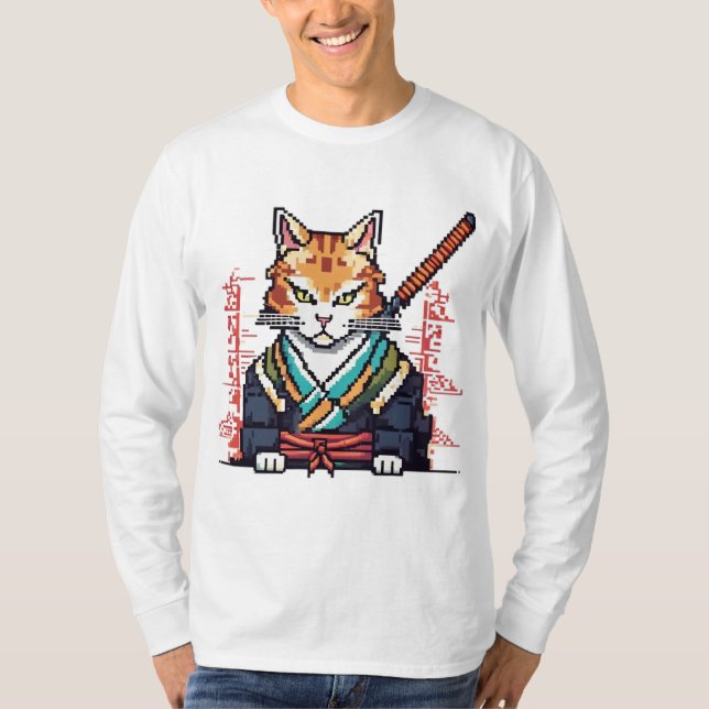 Camiseta Samurai Cat Pixel Art Masterícula (Frente)