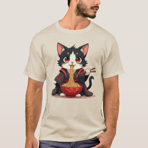 Camiseta Samurai Cat Ramen - Blusa Gráfica Vintage