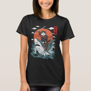 Camiseta Samurai Cat Riding Shark Japonês Art Retro Funny