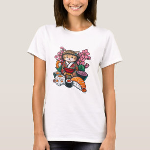Camiseta Samurai Cat Sushi Japonês