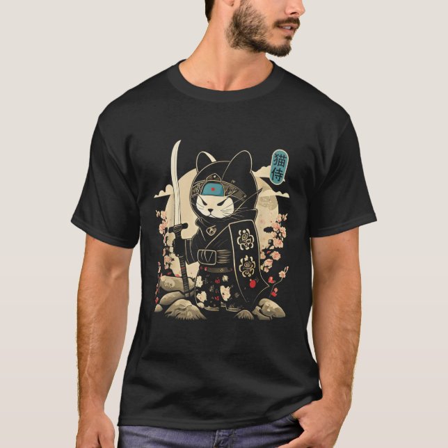 Camiseta Samurai Cat Tattoo Kawaii Ninja Cat _1 (Frente)