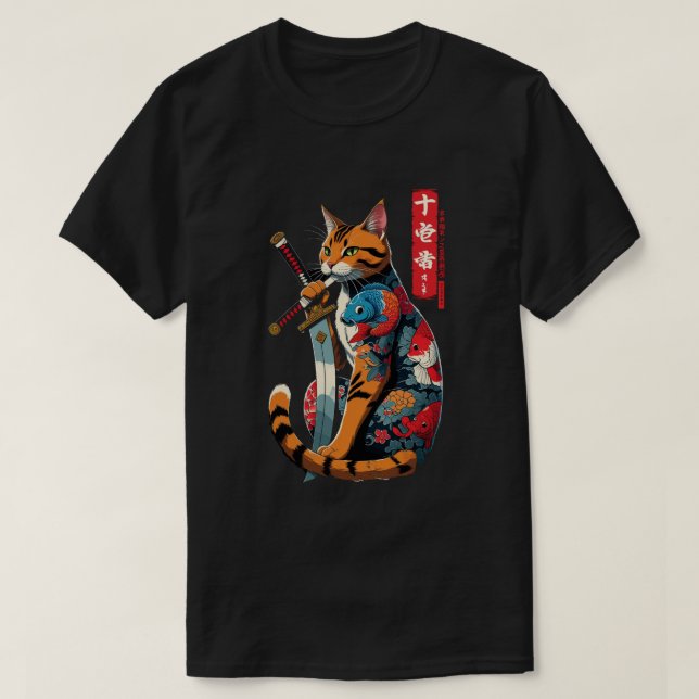 Camiseta Samurai Cat Warrior – Epic Japanese Tattoo Style  (Frente do Design)