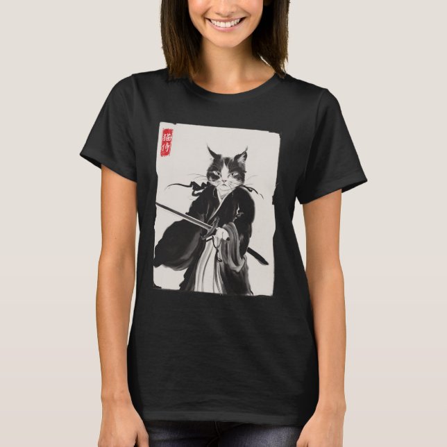 Camiseta Samurai Cat Warrior Ink Art Engraçado Estilo Japon (Frente)