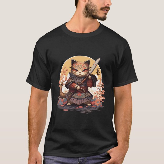 Camiseta Samurai Cat Warrior Japonês Ninja Cat Kawaii (Frente)