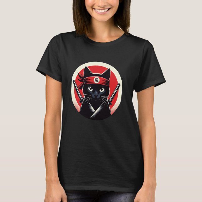 Camiseta Samurai Cat Warrior Katana Ninja Art Japonês (Frente)