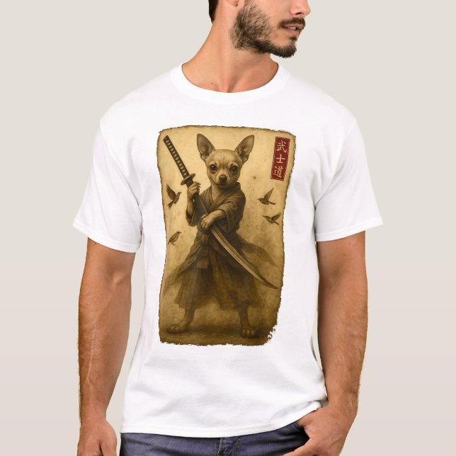 Camiseta Samurai Dog Japonês Chihuahua Warrior (Frente)