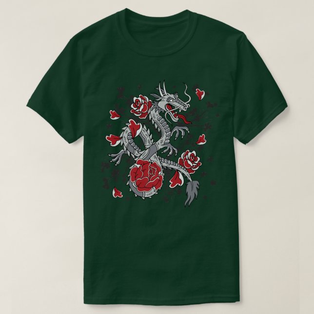 Camiseta Samurai Dragon Japonês Figura com Rosa Pet (Frente do Design)