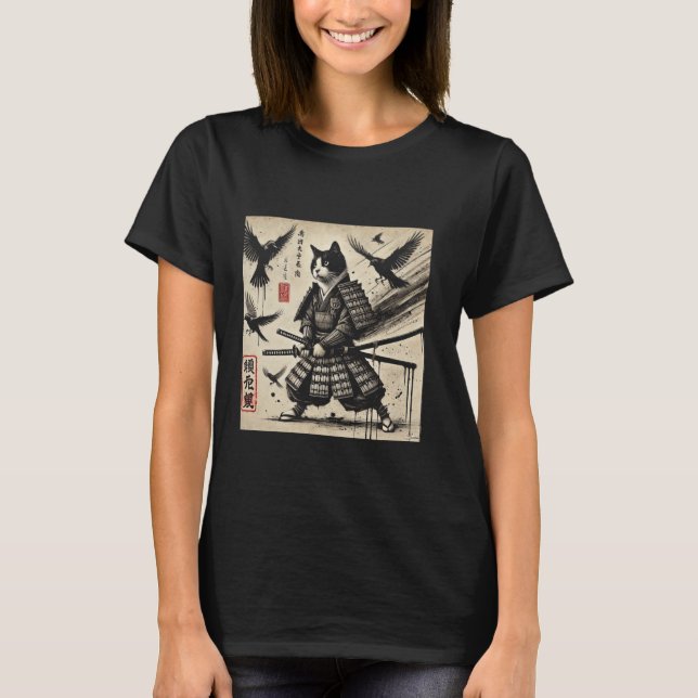 Camiseta Samurai Feline Ink Art Japonês Design estético (Frente)