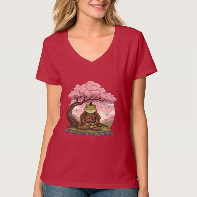 Camiseta Samurai Frog Meditating Cute Funny Womens Red (Frente)