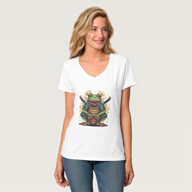 Camiseta Samurai frog warrior Womens V-Neck T-Shirt (Frente Completa)