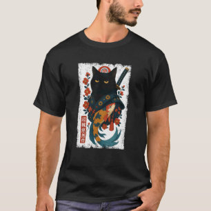 Camiseta Samurai Gato Preto Flor de Cerejeira Japonesa Koi