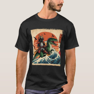 Camiseta Samurai Gato Preto Montando Dinossauro Estampa de 