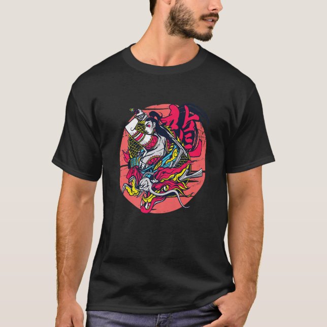 Camiseta Samurai Girl Dragon Warrior Ninja Japanese Katana  (Frente)