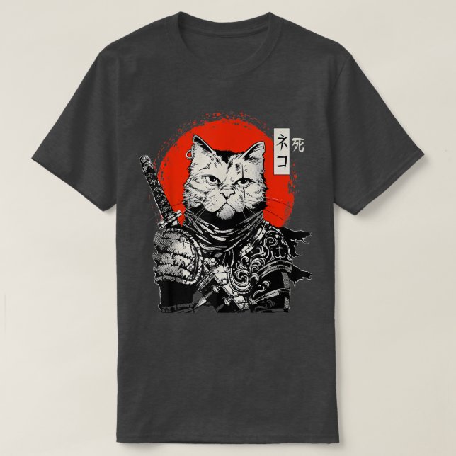 Camiseta Samurai Japonês Cat Bushido Warrior, Katana Sword (Frente do Design)