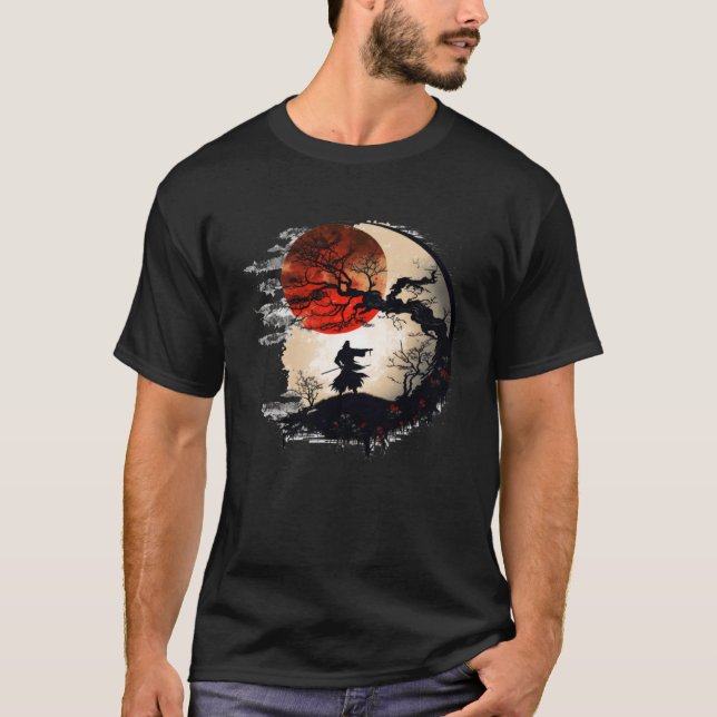 Camiseta Samurai Japonês Cereja Flor Red Moon Tree Of L (Frente)