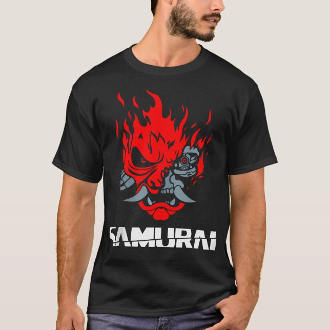 Camiseta Samurai Japonês Demon Mask Edge Cyber Runners Pun (Frente)