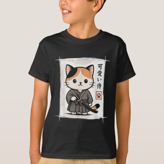 Camiseta Samurai Kitten Anime Japonês Kawaii Gatos Engraçad (Frente)