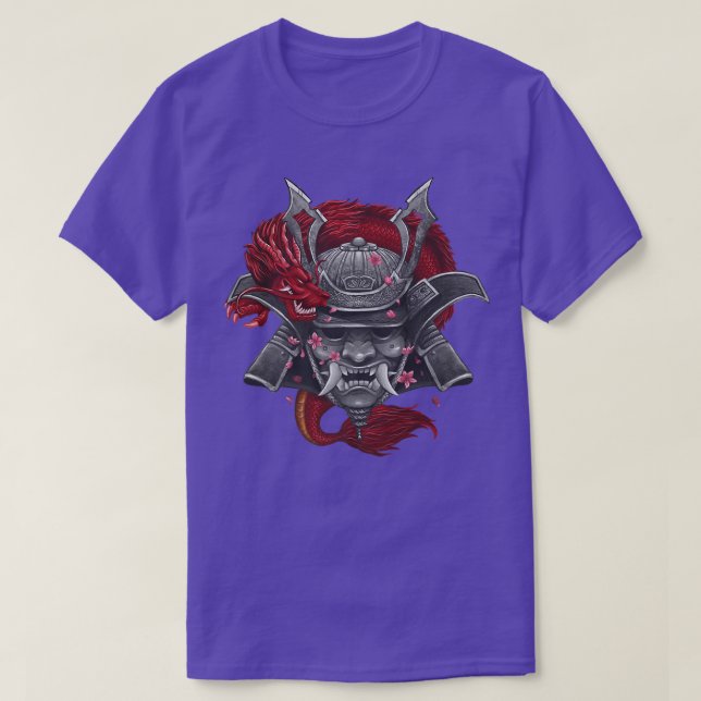Camiseta Samurai Mask Dragon Japonês com flor de cereja p (Frente do Design)