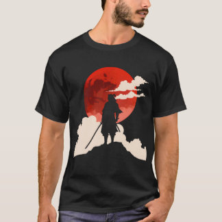 Camiseta Samurai Minimalista Silhueta Sob a Lua Vermelha