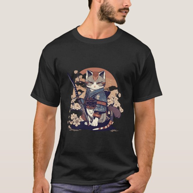 Camiseta Samurai Ninja Cat Katana Estilo japonês J (Frente)