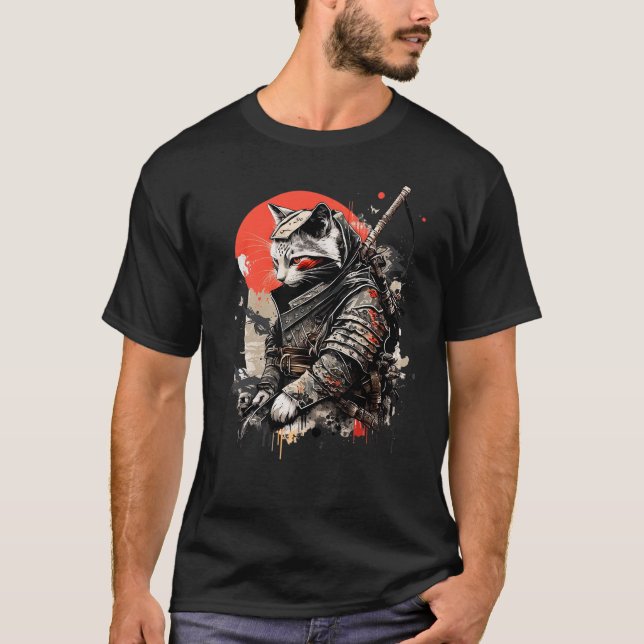 Camiseta Samurai Ninja Cat Kawaii Tattoo Graphic (Frente)