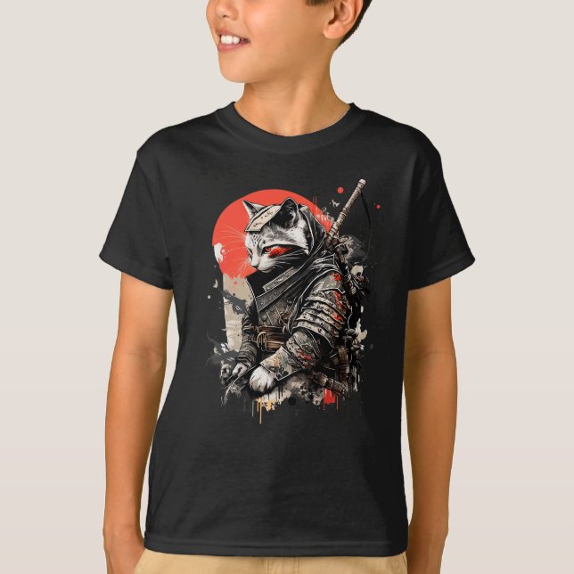 Camiseta Samurai Ninja Cat Kawaii Tattoo Graphic (Frente)