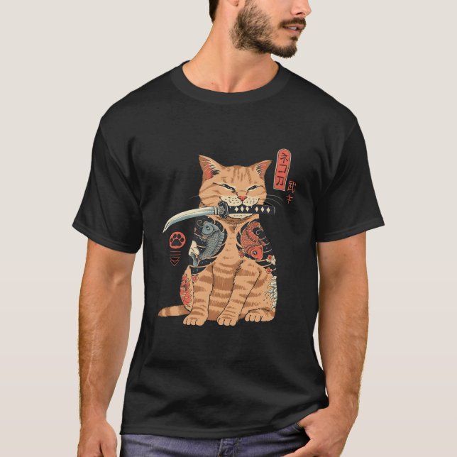 Camiseta Samurai Ninja Cat Kawaii Tattoo Graphic (Frente)