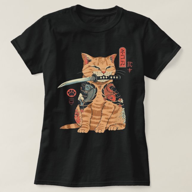 Camiseta Samurai Ninja Cat Kawaii Tattoo Graphic (Frente do Design)