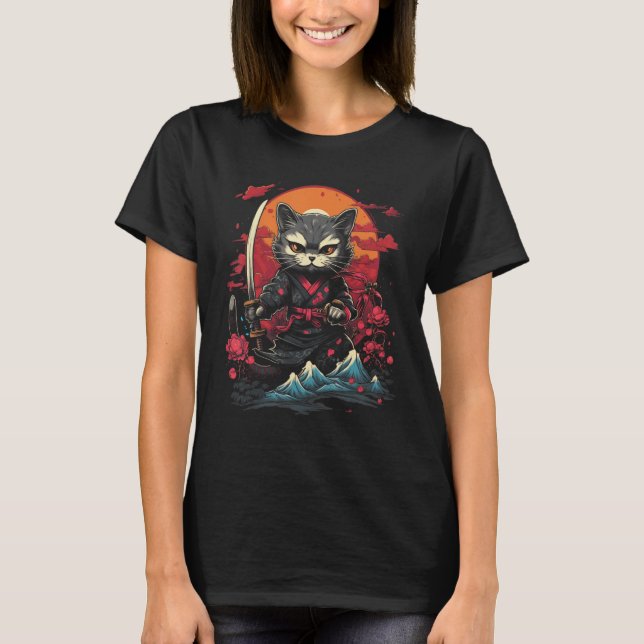 Camiseta Samurai Ninja Cat Retro Tatuagem Gráfico # (Frente)