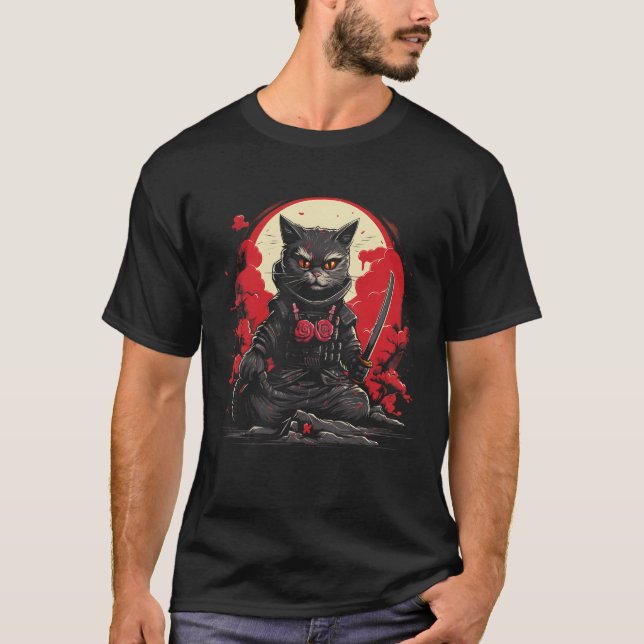 Camiseta Samurai Ninja Cat Retro Tatuagem Gráfico # (Frente)