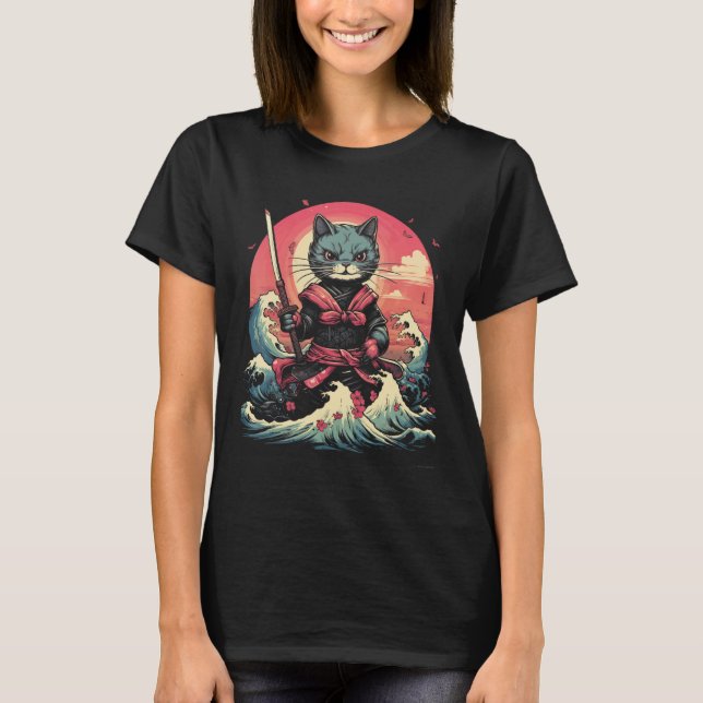 Camiseta Samurai Ninja Cat Retro Tatuagem Gráfico # (Frente)