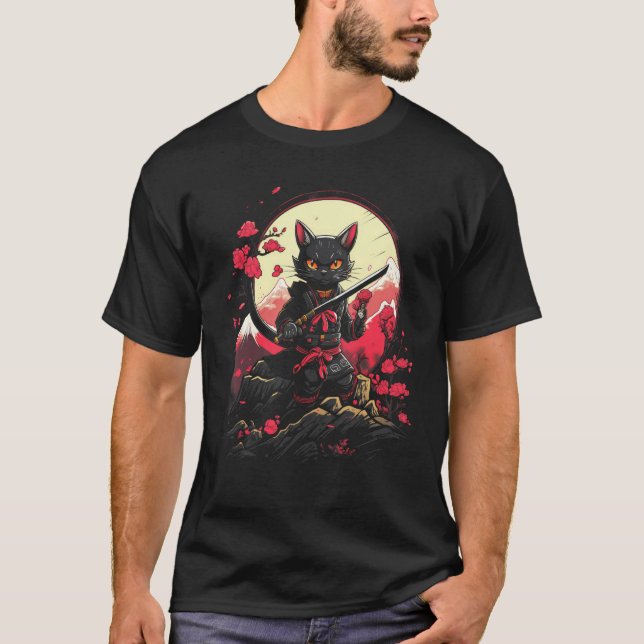 Camiseta Samurai Ninja Cat Retro Tatuagem Gráfico # (Frente)