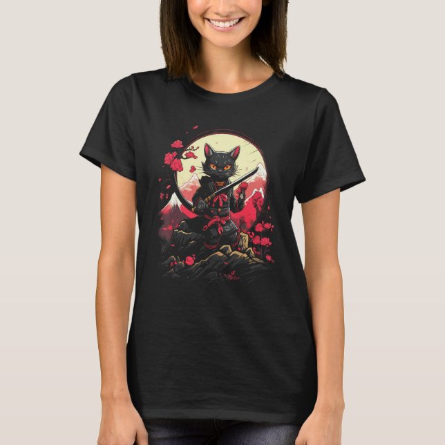 Camiseta Samurai Ninja Cat Retro Tatuagem Gráfico # (Frente)