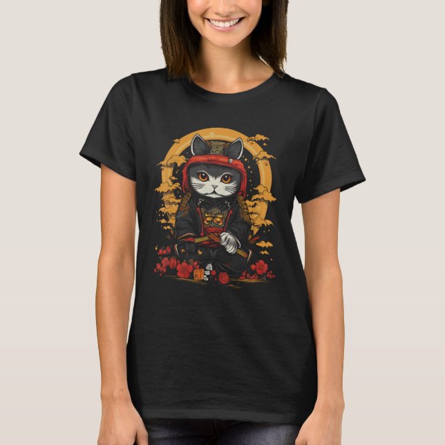 Camiseta Samurai Ninja Cat Retro Tatuagem Gráfico # (Frente)