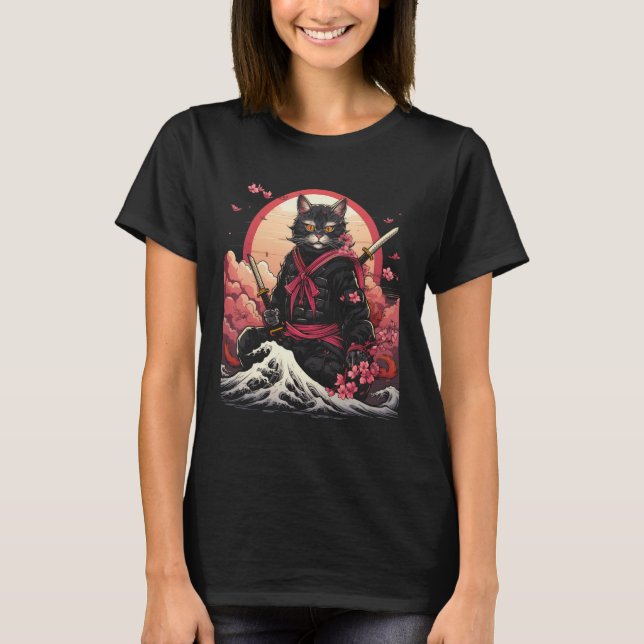 Camiseta Samurai Ninja Cat Retro Tatuagem Gráfico 26 (Frente)