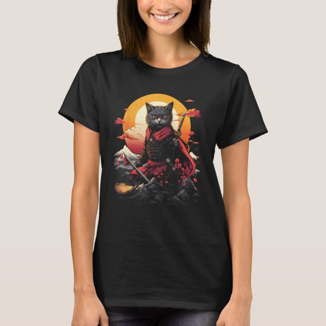 Camiseta Samurai Ninja, Japonês, Cat Retro Tattoo Graphic 2 (Frente)