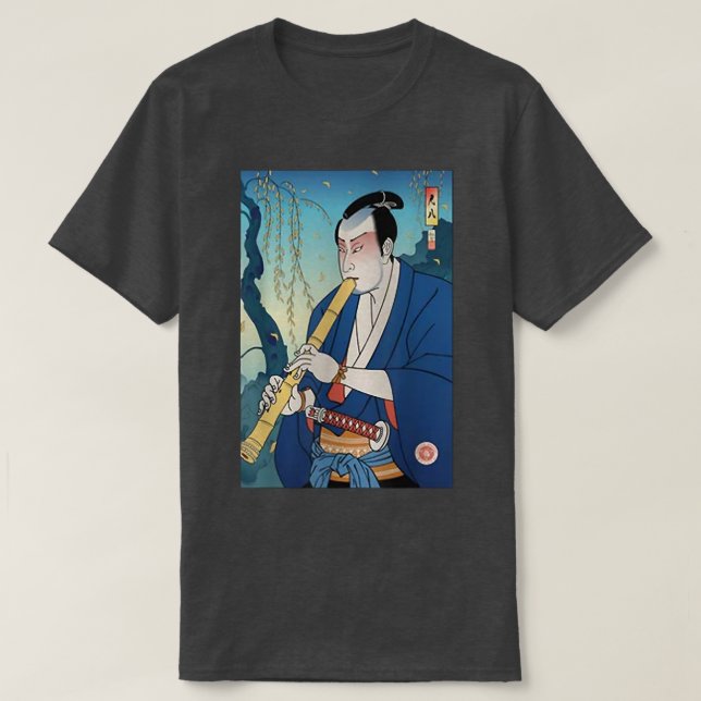 Camiseta Samurai Play Shakuhachi Bamboo Flute Ukiyoe Japane (Frente do Design)