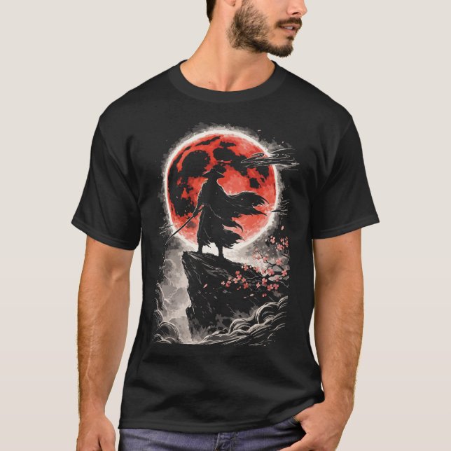 Camiseta Samurai Ronin na Lua Vermelha - Arte de Anime Japo (Frente)