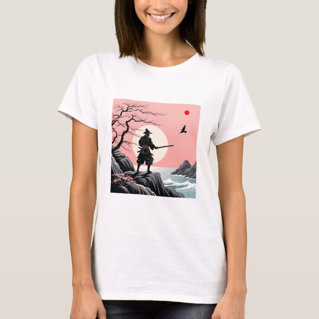 Camiseta Samurai Sunset Design - Ukiyo-e Cherry Blossom Art (Frente)