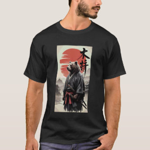 Camiseta Samurai Urso Cinzento com Sol Vermelho Arte em Tin