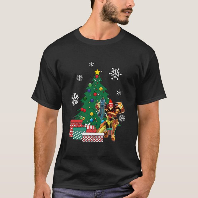 Camiseta Samus Aran Metroid Ao Redor Da Árvore De Natal T-S (Frente)