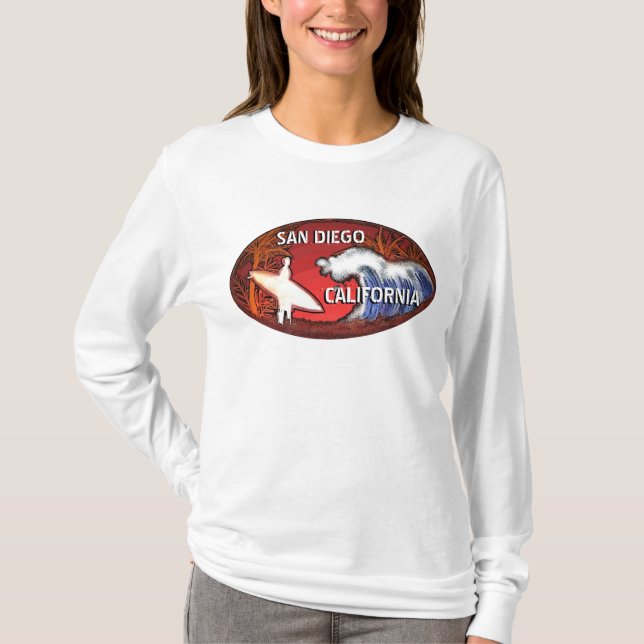 Camiseta San Diego California surfer art senhoras hoodie (Frente)